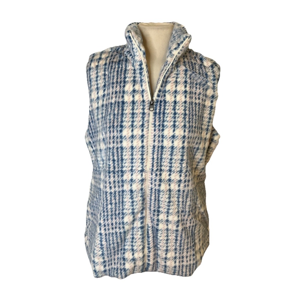 Katydid Vest Sz Med  Blue Pink Houndstooth Soft Faux‎ Fur Full Zip Winter